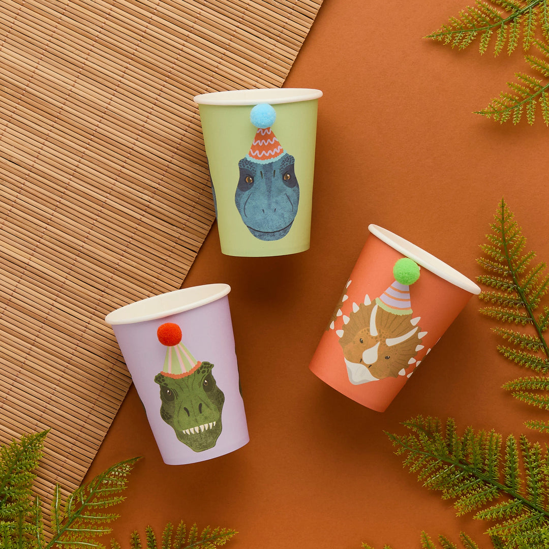 Dinosaur Party Supplies - Dinosaur Party Cups, Dinosaur Birthday Party Table Decorations Disposable Cups Dinosaur Party Pom Pom Paper Cups x 6