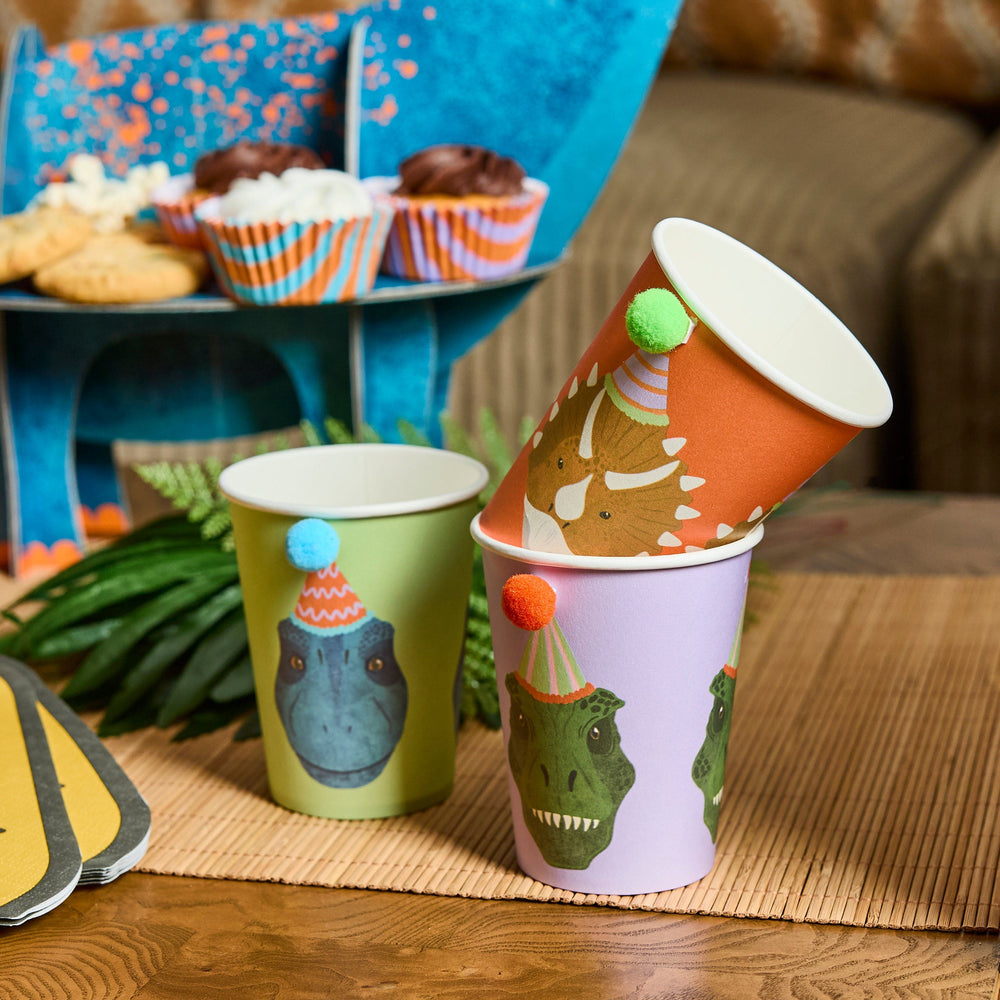 Dinosaur Party Supplies - Dinosaur Party Cups, Dinosaur Birthday Party Table Decorations Disposable Cups Dinosaur Party Pom Pom Paper Cups x 6