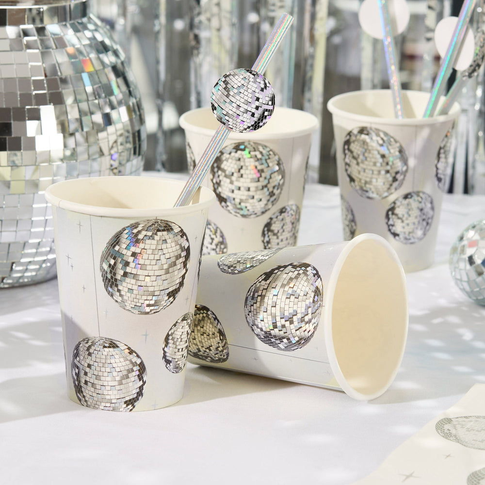 Disco Ball Paper Cups x 8 - Disco Party Supplies Disposable Cups Disco Ball Paper Cups x 8