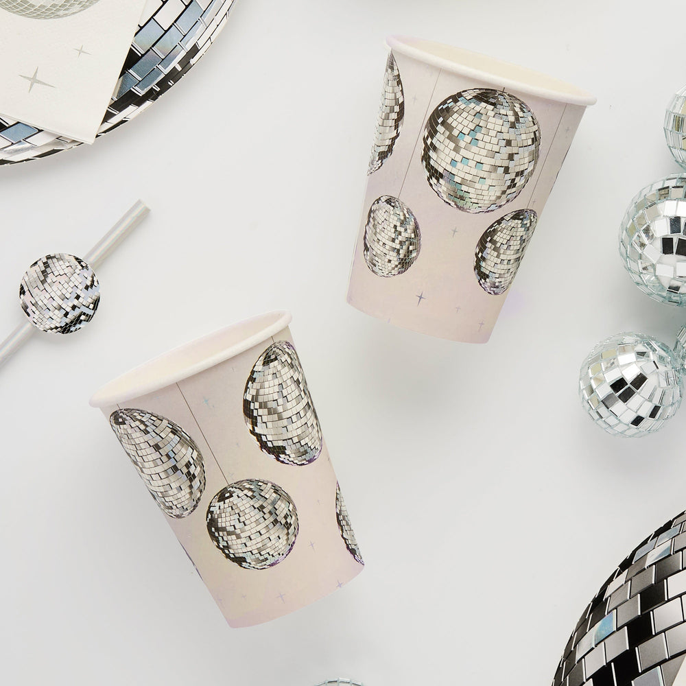 Disco Ball Paper Cups x 8 - Disco Party Supplies Disposable Cups Disco Ball Paper Cups x 8