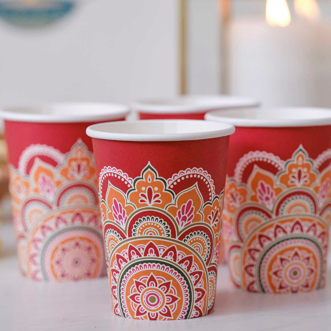 Diwali Table Decorations - Multicoloured Paper Diwali Plates x 8 Party Supplies Multicoloured Paper Diwali Cups x 8