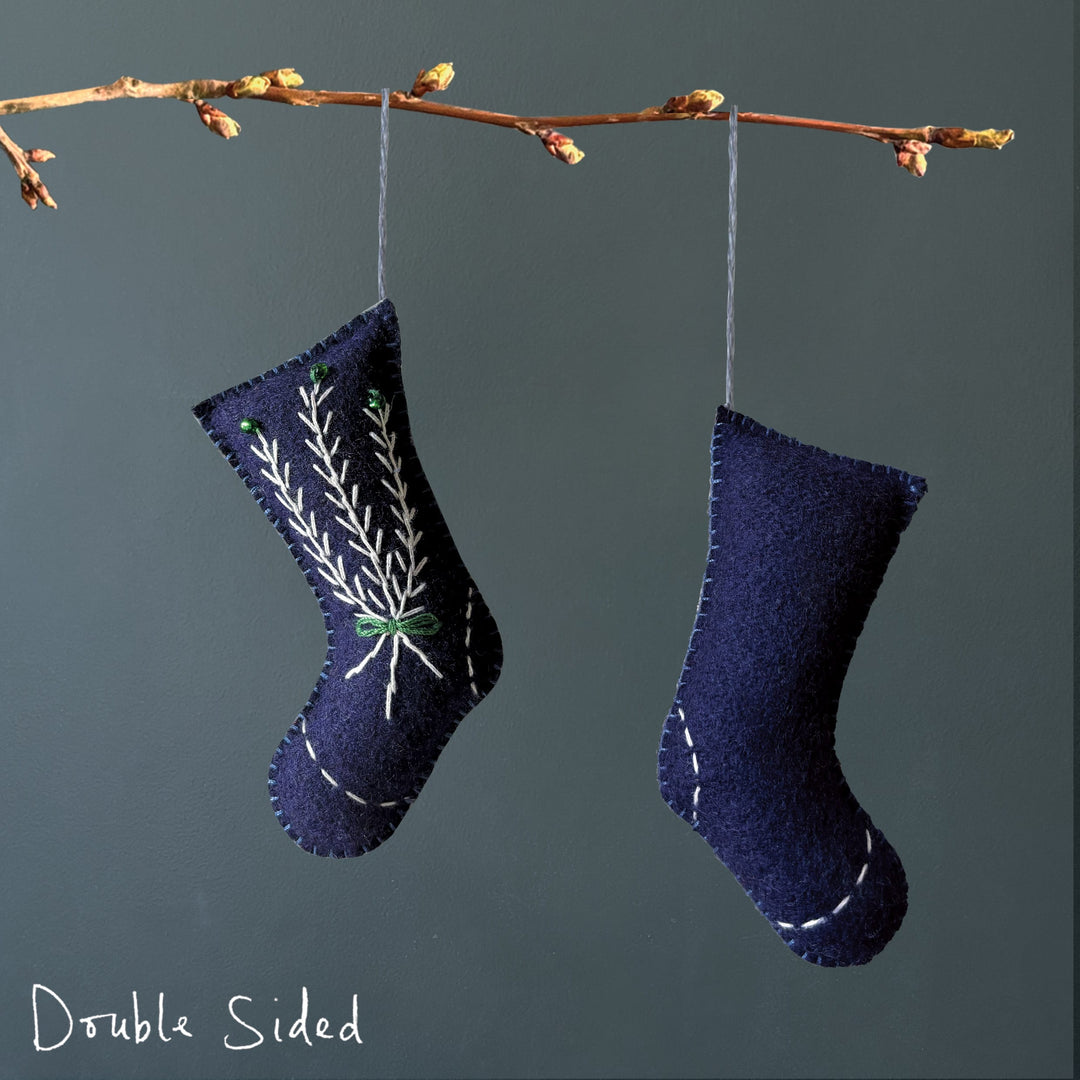 East of India Blue Embroidered Stocking Christmas Tree Decoration Christmas Decoration East of India Embroidered Hanging Stocking Christmas Tree Decoration - Blue