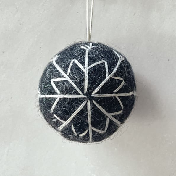 East of India Charcoal Felt Christmas Bauble, White Embroidery Bauble East of India Felt Christmas Bauble - Charcoal, White Thread Embroidery