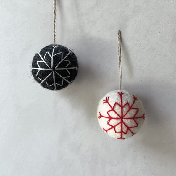 East of India Charcoal Felt Christmas Bauble, White Embroidery Bauble East of India Felt Christmas Bauble - Charcoal, White Thread Embroidery
