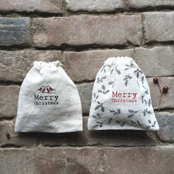 East of India Christmas Robins Calico Drawstring Gift Bag Gift Wrap East of India Calico Drawstring Gift Bag - Robins / Christmas