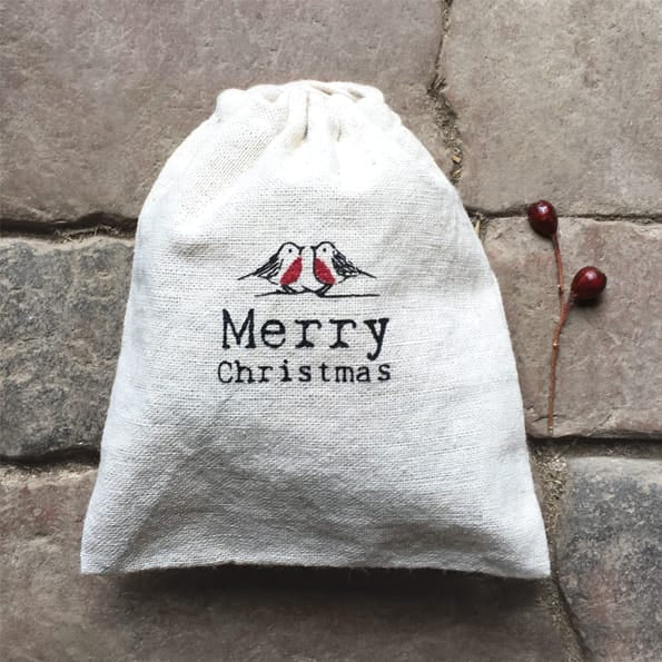 East of India Christmas Robins Calico Drawstring Gift Bag Gift Wrap East of India Calico Drawstring Gift Bag - Robins / Christmas