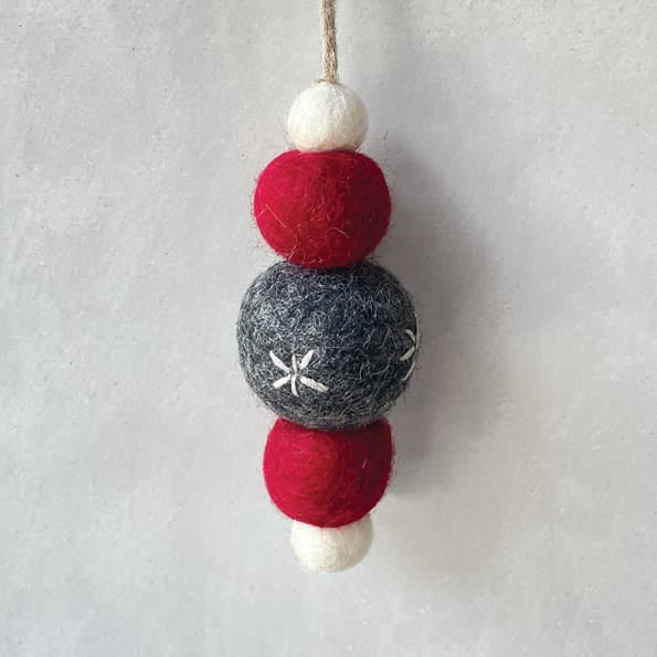 East of India Felt Droplet Bauble, Charcoal, Red and White Bauble East of India Felt Droplet Bauble - Charcoal, Red &amp; White