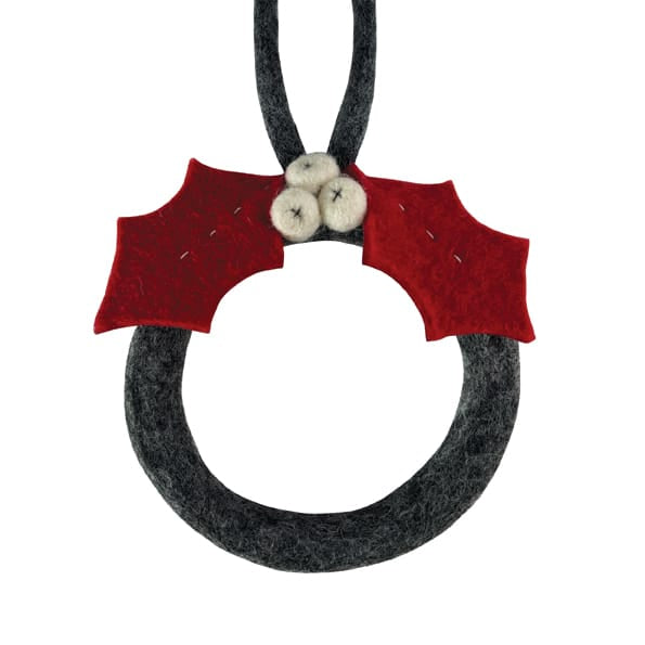 East of India Grey Felt Christmas Wreath with White Berries Wreath East of India Felt Wreath Hanging Decoration - Grey with White Berries