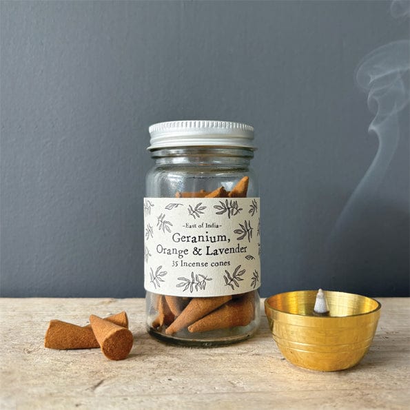East of India Jar of Incense Cones - Geranium, Orange & Lavender incense East of India Jar of Incense Cones - Geranium, Orange & Lavender