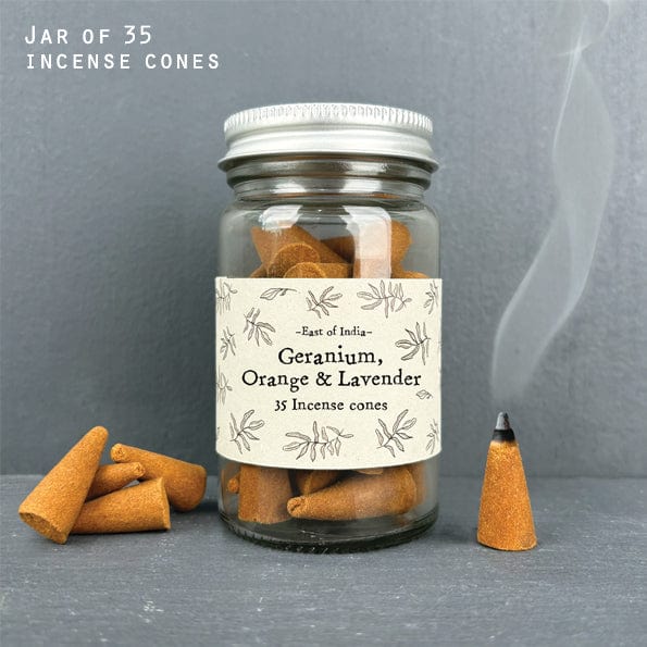 East of India Jar of Incense Cones - Geranium, Orange & Lavender incense East of India Jar of Incense Cones - Geranium, Orange & Lavender