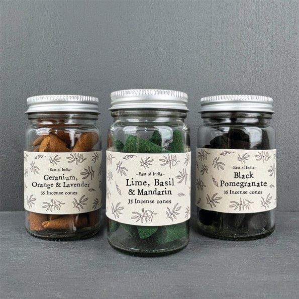 East of India Jar of Incense Cones - Lime, Basil & Mandarin incense East of India Jar of Incense Cones - Lime, Basil & Mandarin
