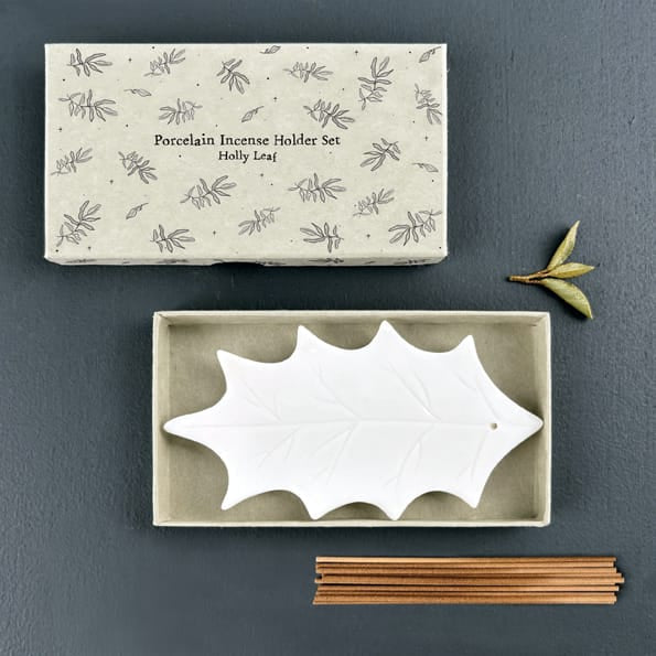 East of India Large Porcelain Holly Leaf Incense Holder Set gift East of India Large Porcelain Leaf Incense Holder Set - Holly