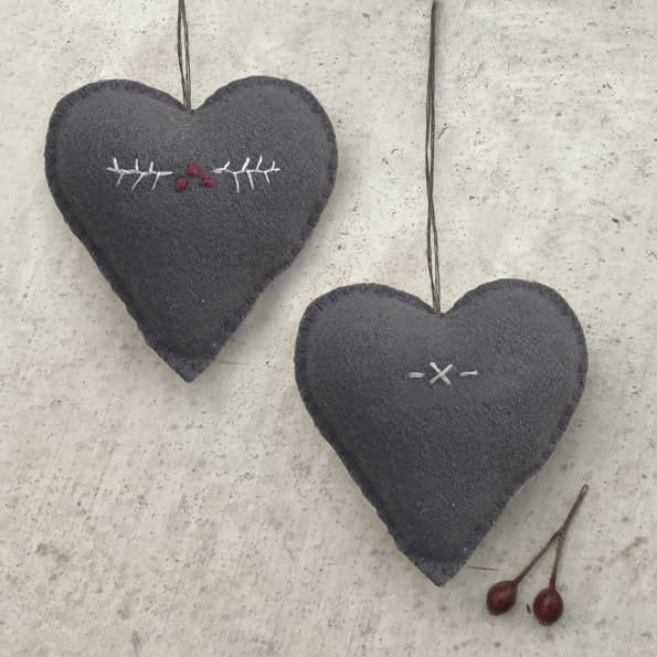 East of India Medium Grey Embroidered Heart, Berry Branch gift East of India Medium Embroidered Heart - Grey Berry Branch