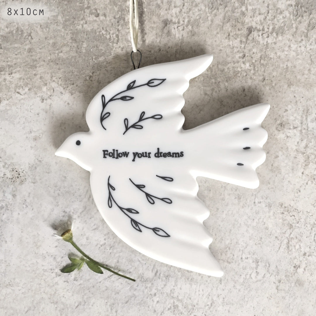 East of India Porcelain Dove Hanging Decoration, Follow Your Dreams Hanging Decoration East of India Porcelain Dove Hanging Decoration - Follow Your Dreams