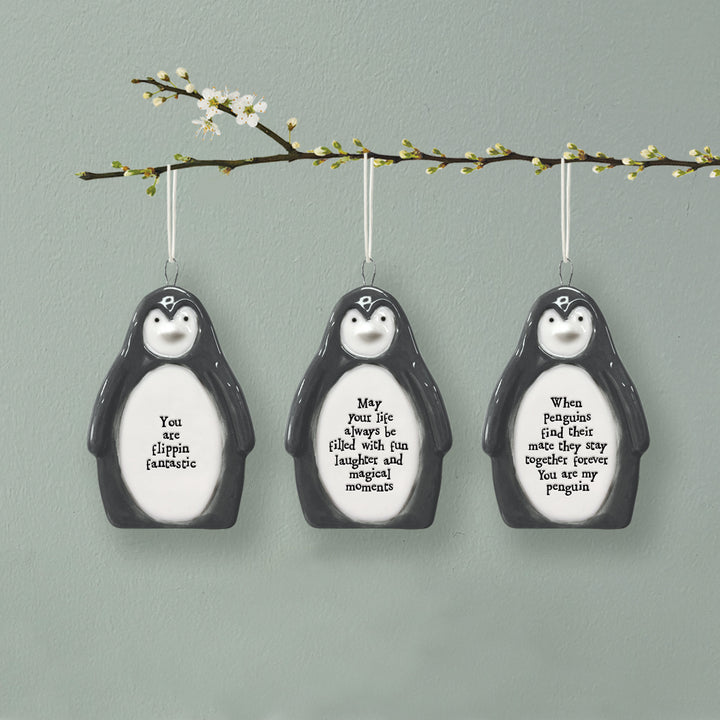East of India Porcelain Penguin Hanger, May Life Be Filled With Fun Hanging Decoration East of India Porcelain Penguin Hanging Decoration - May Life Be Filled With Fun