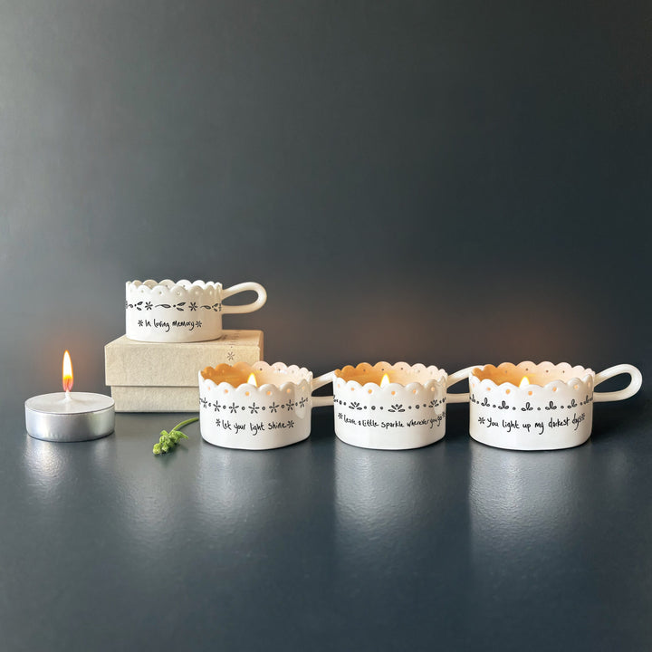 East of India Porcelain Tea Light Holder, In Loving Memory tea light holder East of India Porcelain Handled Tea Light Holder - In Loving Memory