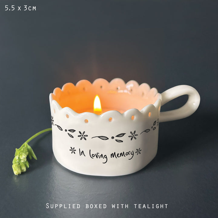 East of India Porcelain Tea Light Holder, In Loving Memory tea light holder East of India Porcelain Handled Tea Light Holder - In Loving Memory