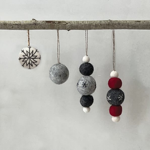East of India White Felt Christmas Bauble, Black Embroidery Bauble East of India Felt Christmas Bauble - White, Black Thread Embroidery