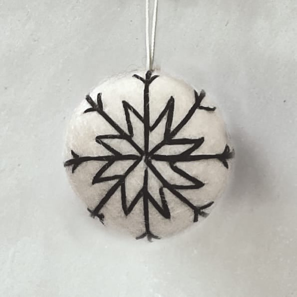East of India White Felt Christmas Bauble, Black Embroidery Bauble East of India Felt Christmas Bauble - White, Black Thread Embroidery