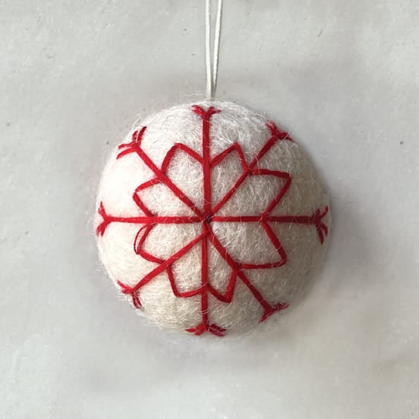 East of India White Felt Christmas Bauble, Red Embroidery Bauble East of India Felt Christmas Bauble - White, Red Thread Embroidery