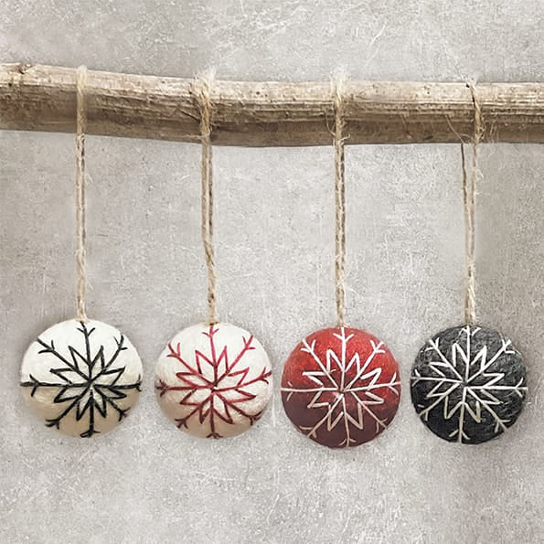 East of India White Felt Christmas Bauble, Red Embroidery Bauble East of India Felt Christmas Bauble - White, Red Thread Embroidery