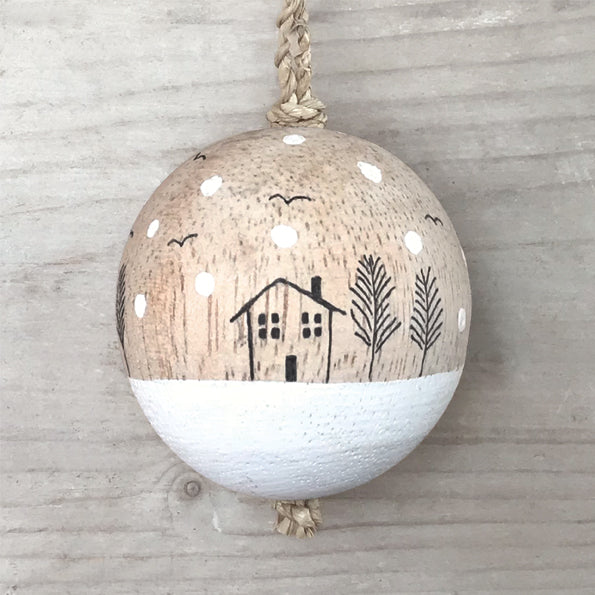 East of India Wooden Bauble, Snowy Houses Bauble East of India Wooden Bauble Christmas Tree Decoration - Snowy Houses