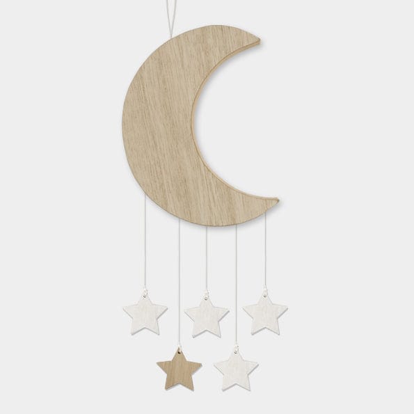 Hanging Decoration East of India Wooden Moon with hanging stars