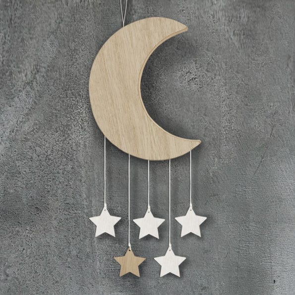 Hanging Decoration East of India Wooden Moon with hanging stars