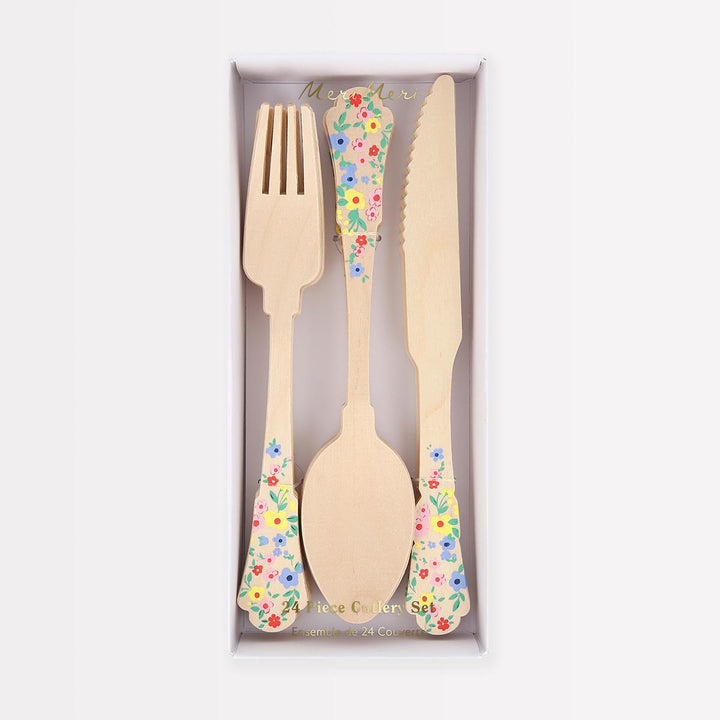 Elegant Floral Wooden Party Cutlery Set x 24 | Meri Meri Party Cutlery Elegant Floral Wooden Party Cutlery Set x 24