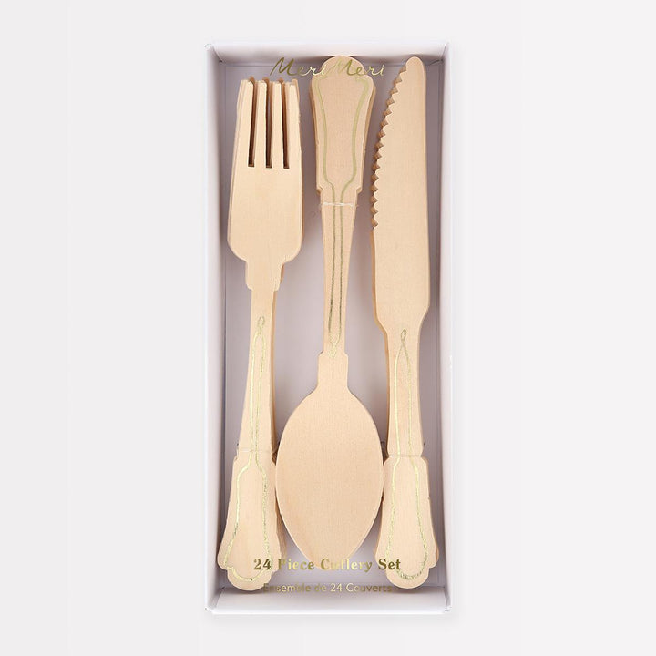 Elegant Gold Foil Wooden Party Cutlery Set x 24 | Meri Meri Party Cutlery Elegant Gold Foil Wooden Party Cutlery Set x 24