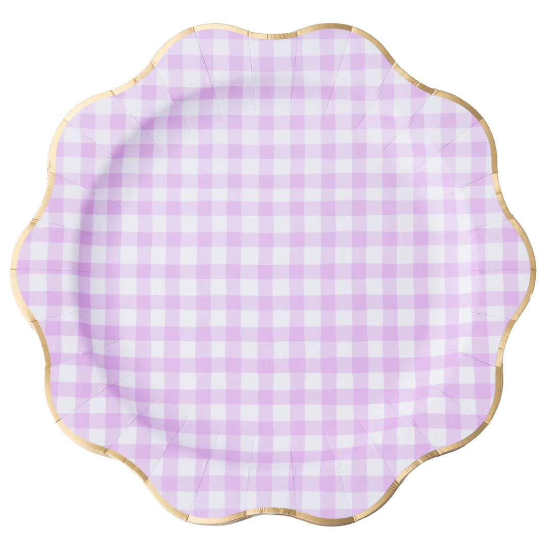 Elegant Lilac Gingham Large Party Plates x 8 Disposable Plates Elegant Lilac Gingham Large Party Plates x 8
