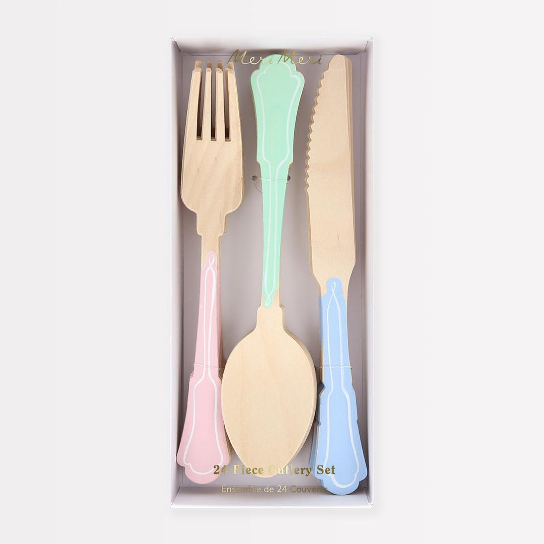 Elegant Mixed Colour Wooden Party Cutlery Set x 24 | Meri Meri Party Cutlery Elegant Mixed Colour Wooden Party Cutlery Set x 24