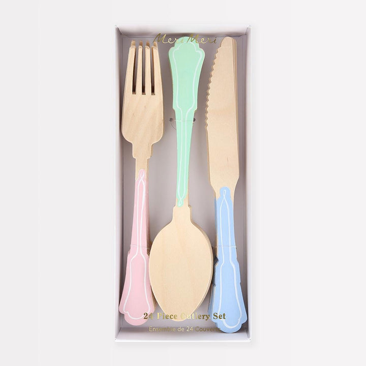 Elegant Mixed Colour Wooden Party Cutlery Set x 24 | Meri Meri Party Cutlery Elegant Mixed Colour Wooden Party Cutlery Set x 24