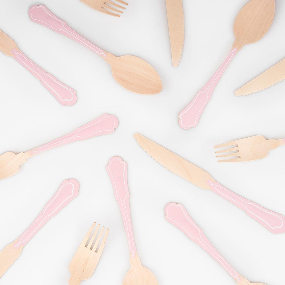 Elegant Pink Wooden Party Cutlery Set x 24 | Meri Meri Party Cutlery Elegant Pink Wooden Party Cutlery Set x 24