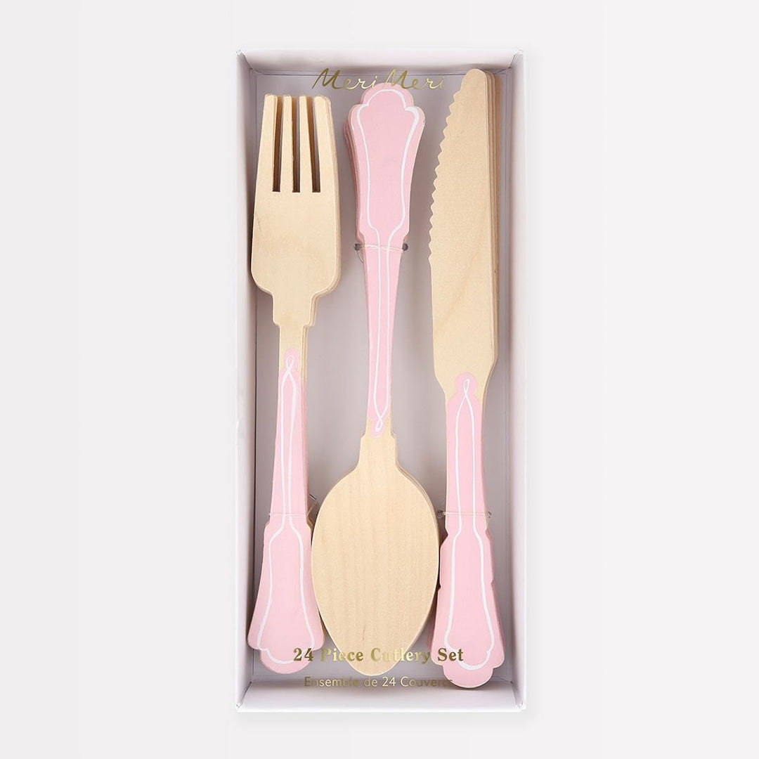Elegant Pink Wooden Party Cutlery Set x 24 | Meri Meri Party Cutlery Elegant Pink Wooden Party Cutlery Set x 24
