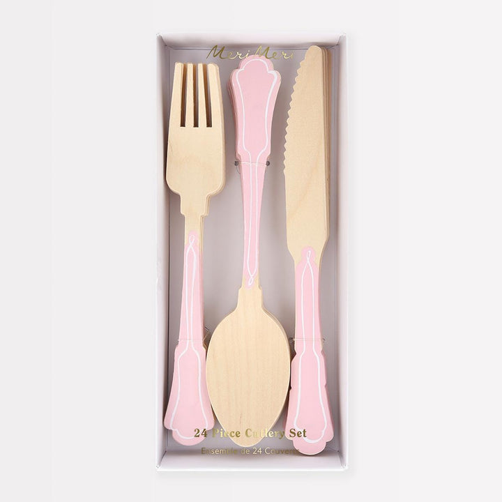 Elegant Pink Wooden Party Cutlery Set x 24 | Meri Meri Party Cutlery Elegant Pink Wooden Party Cutlery Set x 24