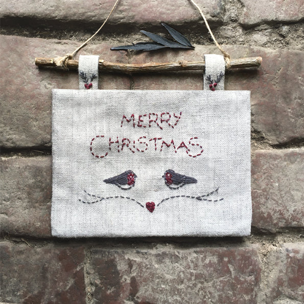 Embroidered Linen Christmas Robins Picture | East of India Christmas Decoration East of India Embroidered Christmas Picture - Robins