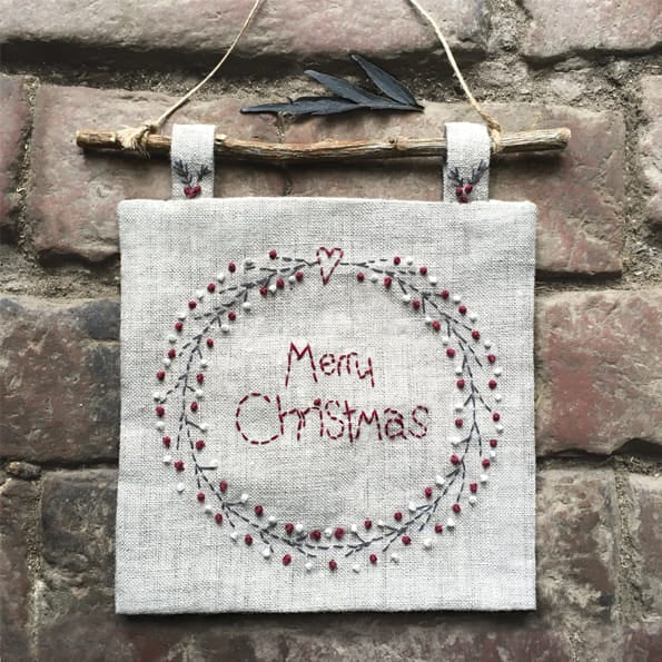 Embroidered Linen Christmas Wreath Picture | East of India Christmas Decoration East of India Embroidered Christmas Picture - Wreath