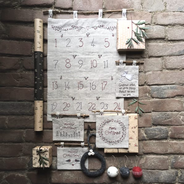 Embroidered Linen Pocket Advent Calendar by East of India Christmas Decoration East of India Embroidered Linen Pocket Advent Calendar