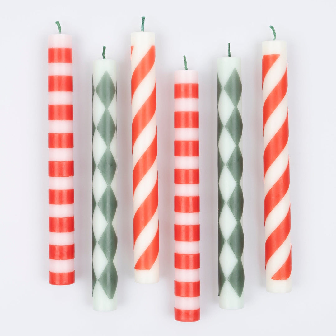 Festive Pattern Christmas Table Candles x 6 | Meri Meri Christmas Candles Candle Festive Pattern Christmas Table Candles x 6