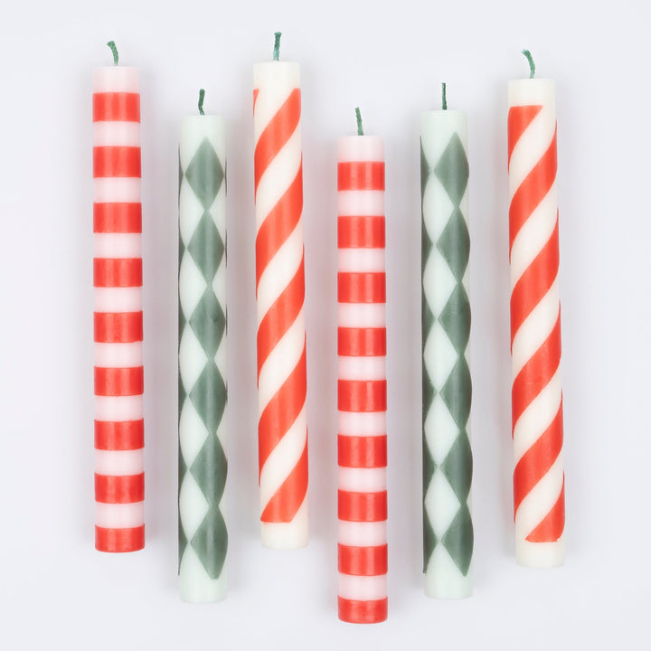 Festive Pattern Christmas Table Candles x 6 | Meri Meri Christmas Candles Candle Festive Pattern Christmas Table Candles x 6