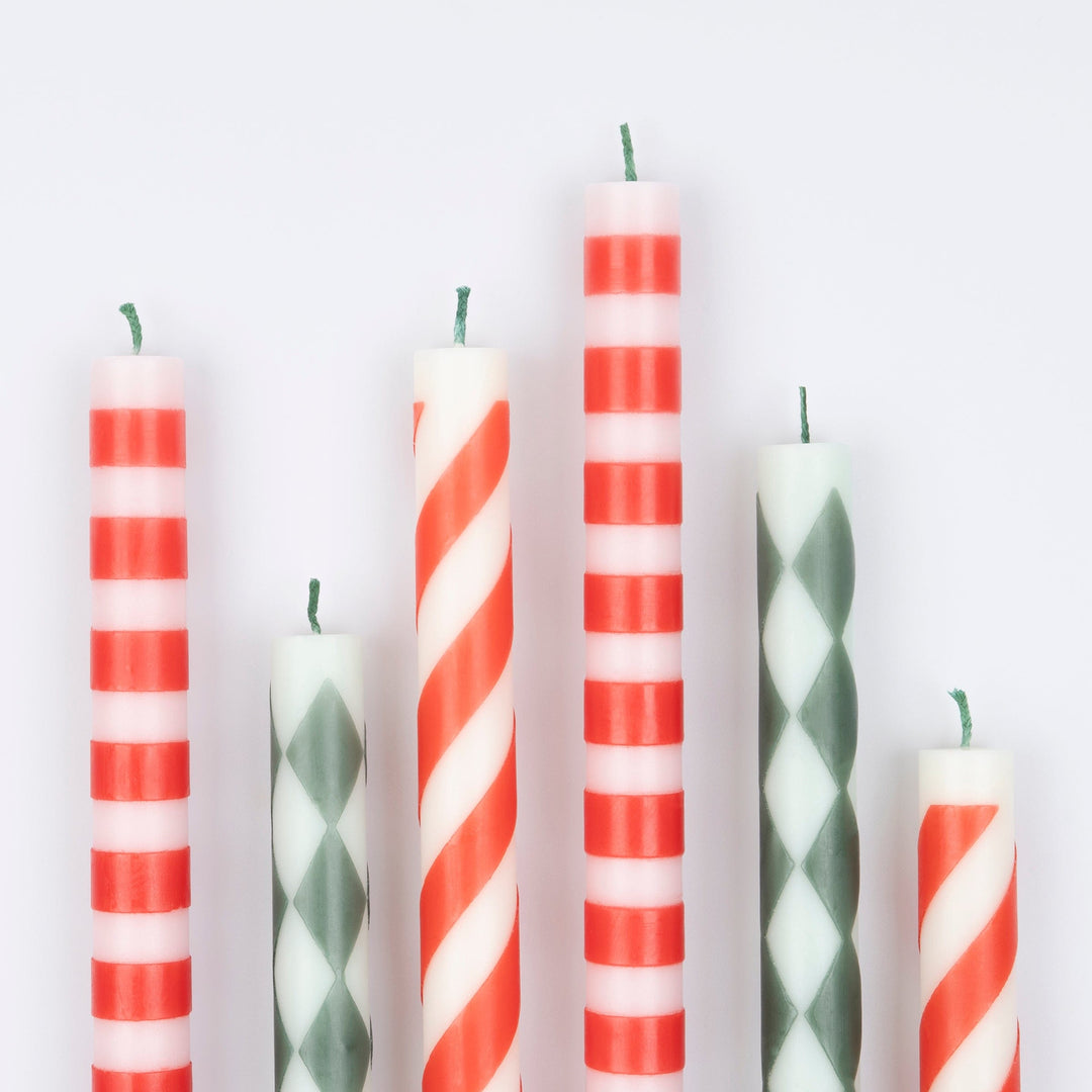 Festive Pattern Christmas Table Candles x 6 | Meri Meri Christmas Candles Candle Festive Pattern Christmas Table Candles x 6