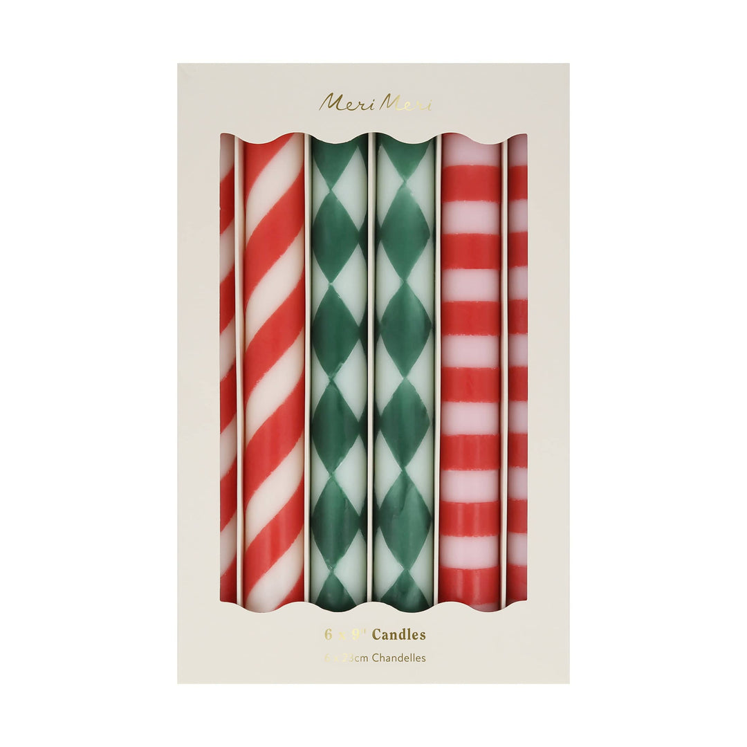 Festive Pattern Christmas Table Candles x 6 | Meri Meri Christmas Candles Candle Festive Pattern Christmas Table Candles x 6