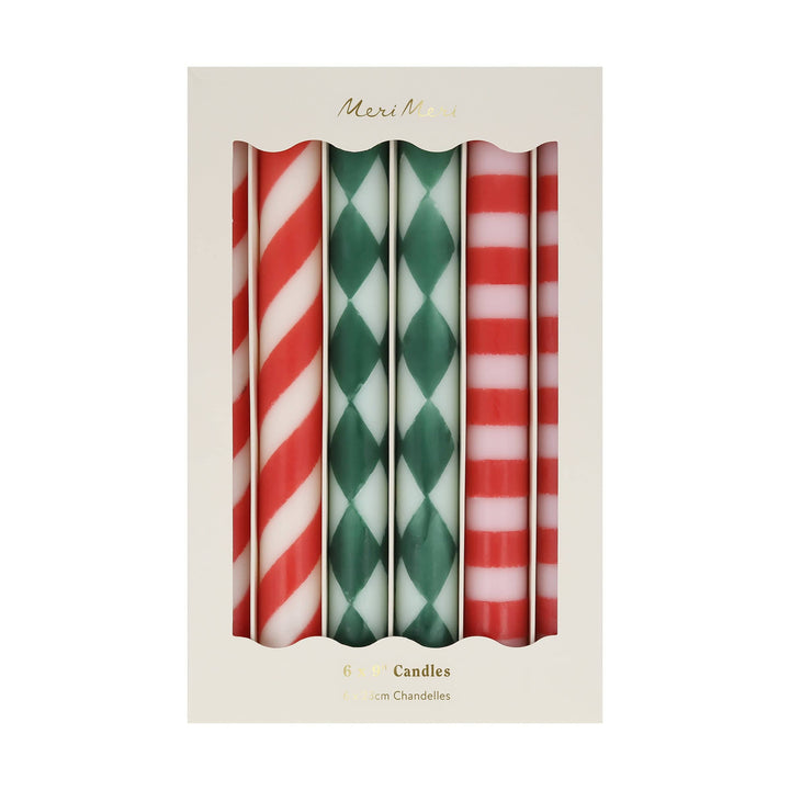 Festive Pattern Christmas Table Candles x 6 | Meri Meri Christmas Candles Candle Festive Pattern Christmas Table Candles x 6
