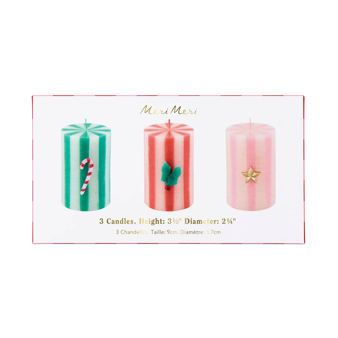 Festive Striped Christmas Pillar Candles x 3 | Meri Meri Christmas Candles Candle Festive Striped Christmas Pillar Candles x 3