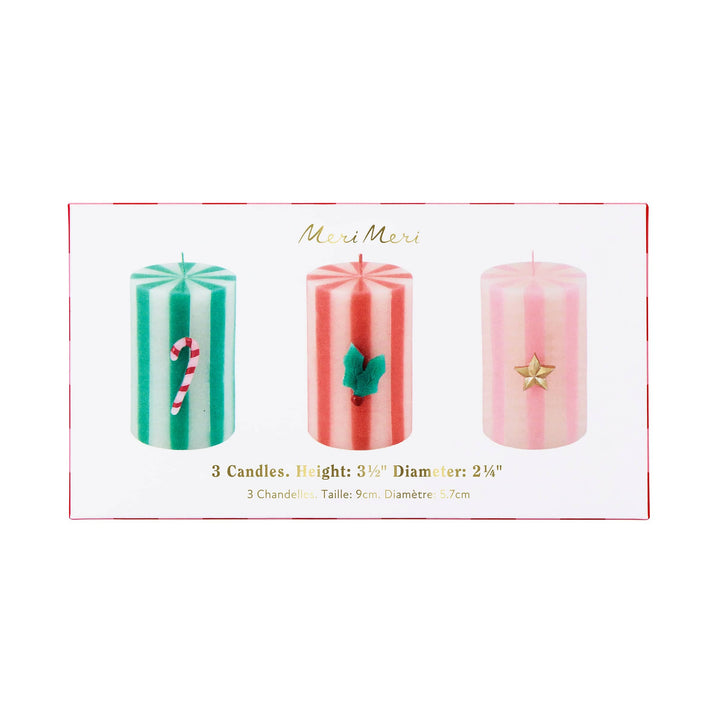 Festive Striped Christmas Pillar Candles x 3 | Meri Meri Christmas Candles Candle Festive Striped Christmas Pillar Candles x 3