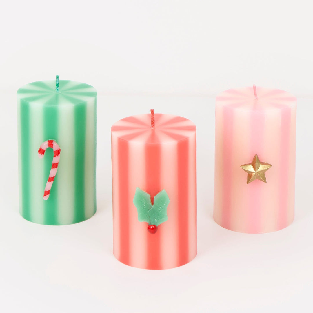 Festive Striped Christmas Pillar Candles x 3 | Meri Meri Christmas Candles Candle Festive Striped Christmas Pillar Candles x 3