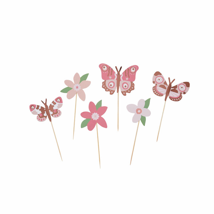 Flower & Butterfly Cake Toppers x 12 - Butterfly Party Supplies Cake Topper Flower & Butterfly Cake Toppers x 12