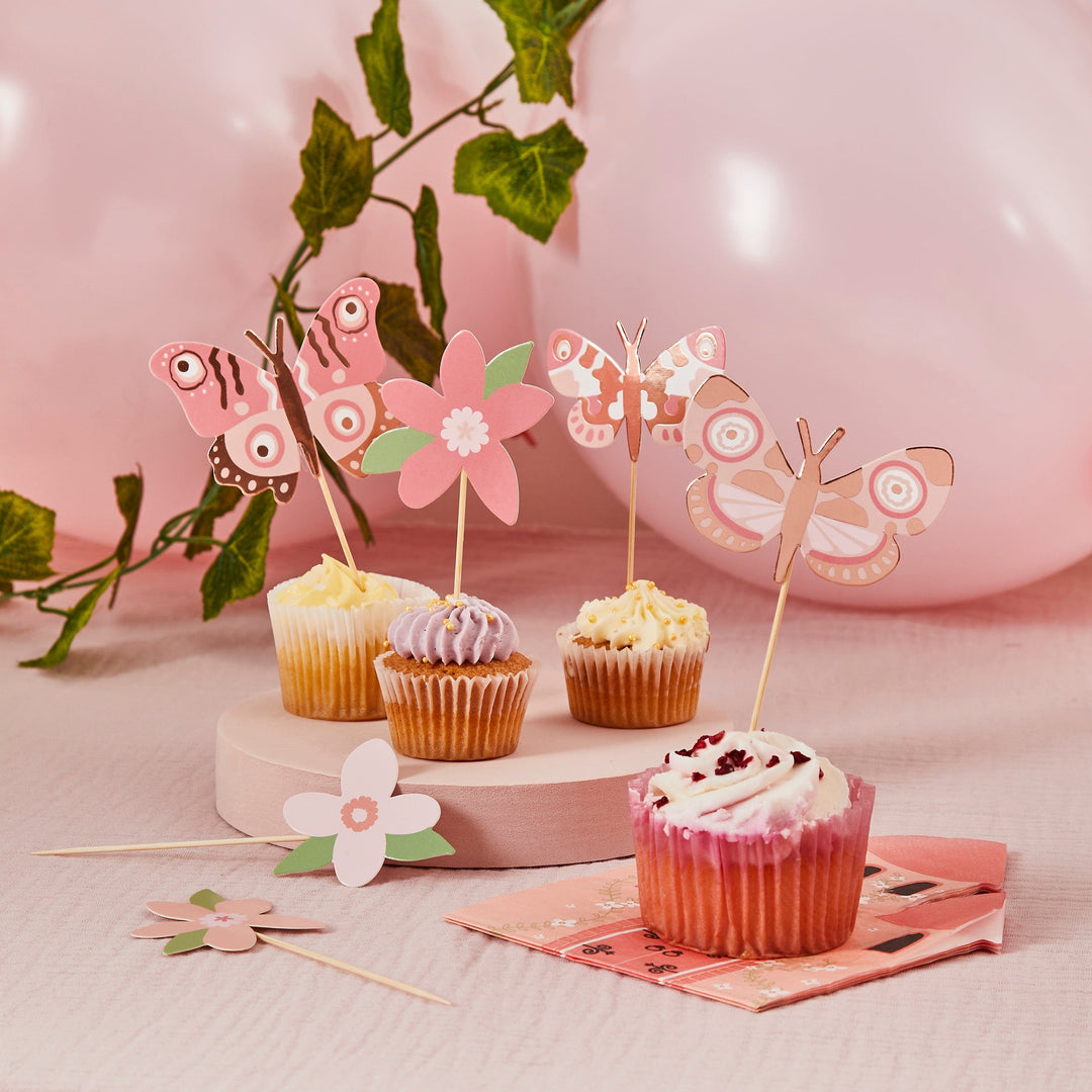 Flower & Butterfly Cake Toppers x 12 - Butterfly Party Supplies Cake Topper Flower & Butterfly Cake Toppers x 12