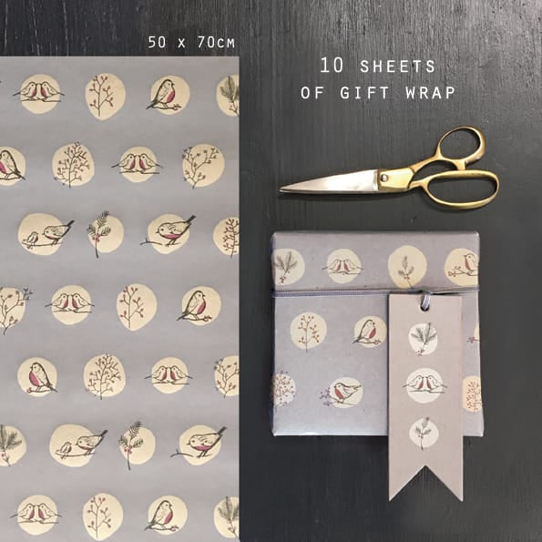 Gift Wrap Sheets, Grey Robins &amp; Rosehips, Pack of 10 Gift Wrap East of India Gift Wrap Sheets - Grey Robins &amp; Rosehips, Pack of 10